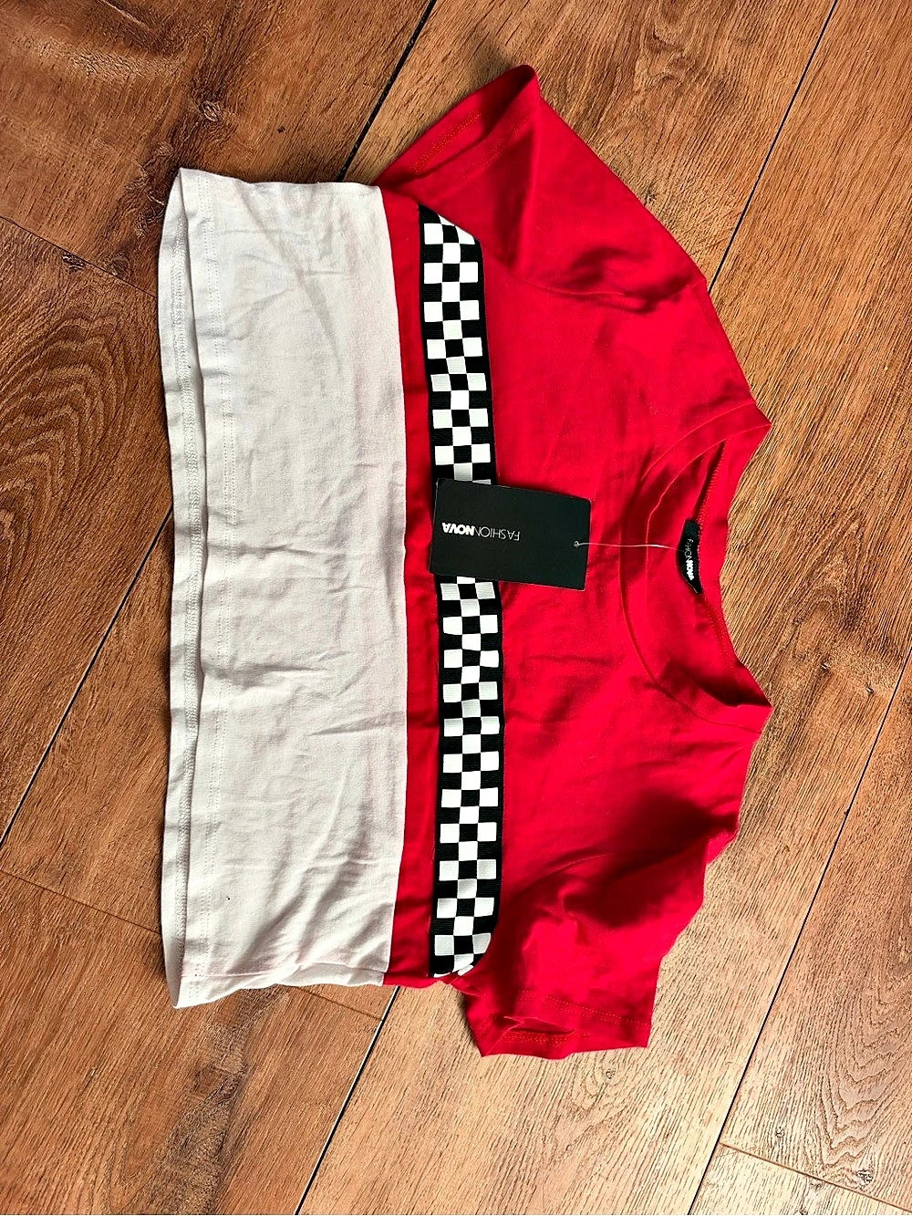 Fashion Nova Raceway To Runway Crop Top Red & White Medium